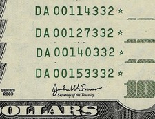 2003 $10 Uncut Sheet of 4 STAR NOTES Fancy Low Serial Number Beautiful *** SHEET