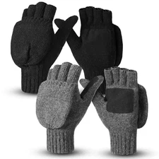  2 Pairs Wool Fingerless Gloves Convertible Winter Warm Flip Top Mitten 