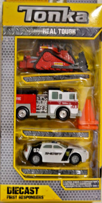 Tonka BUILT TO LAST! DIE-Cast 3 Pack Kettenraupe, Löschfahrzeug, Streifenwagen
