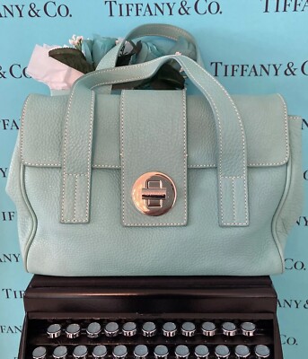 Tiffany&Co Manhattan Purse Satchel Blue Calf Skin Leather Handbag