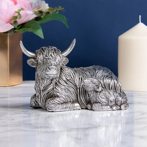 Silver Reflections Highland Cow & Baby Calf Ornament By Leonardo 47572
