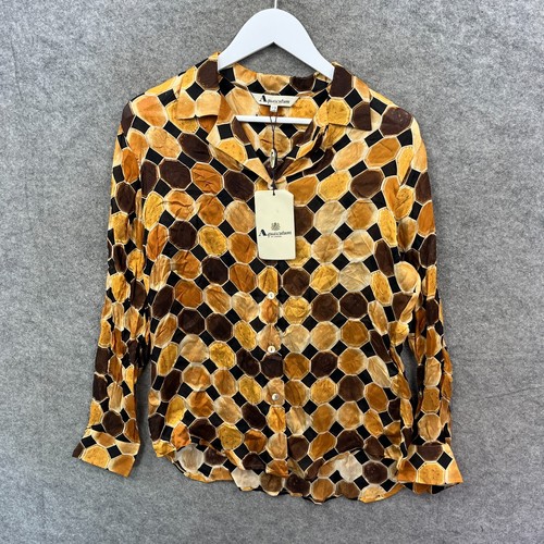 Aquascutum, Vintage Aquascutum Blouse Womens UK 12 Orange Camo Silk Top Geometric 90s NWT