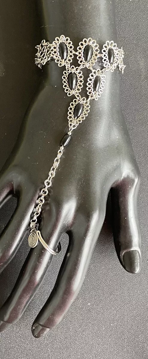 Peruvian Black Bead Finger Ring Bracelet Slave Harness Harem Belly Dancer Exotic
