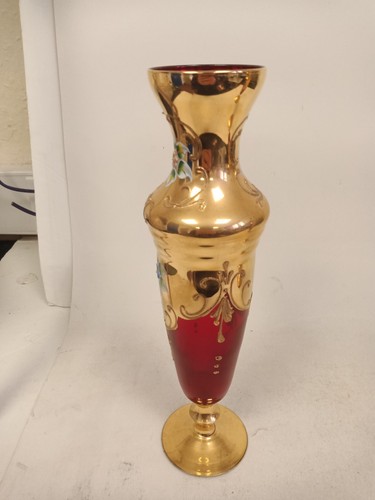 Antique Bohemian Red Glass Gold & Enamel Decorated Vase 27CM - Picture 12 of 16