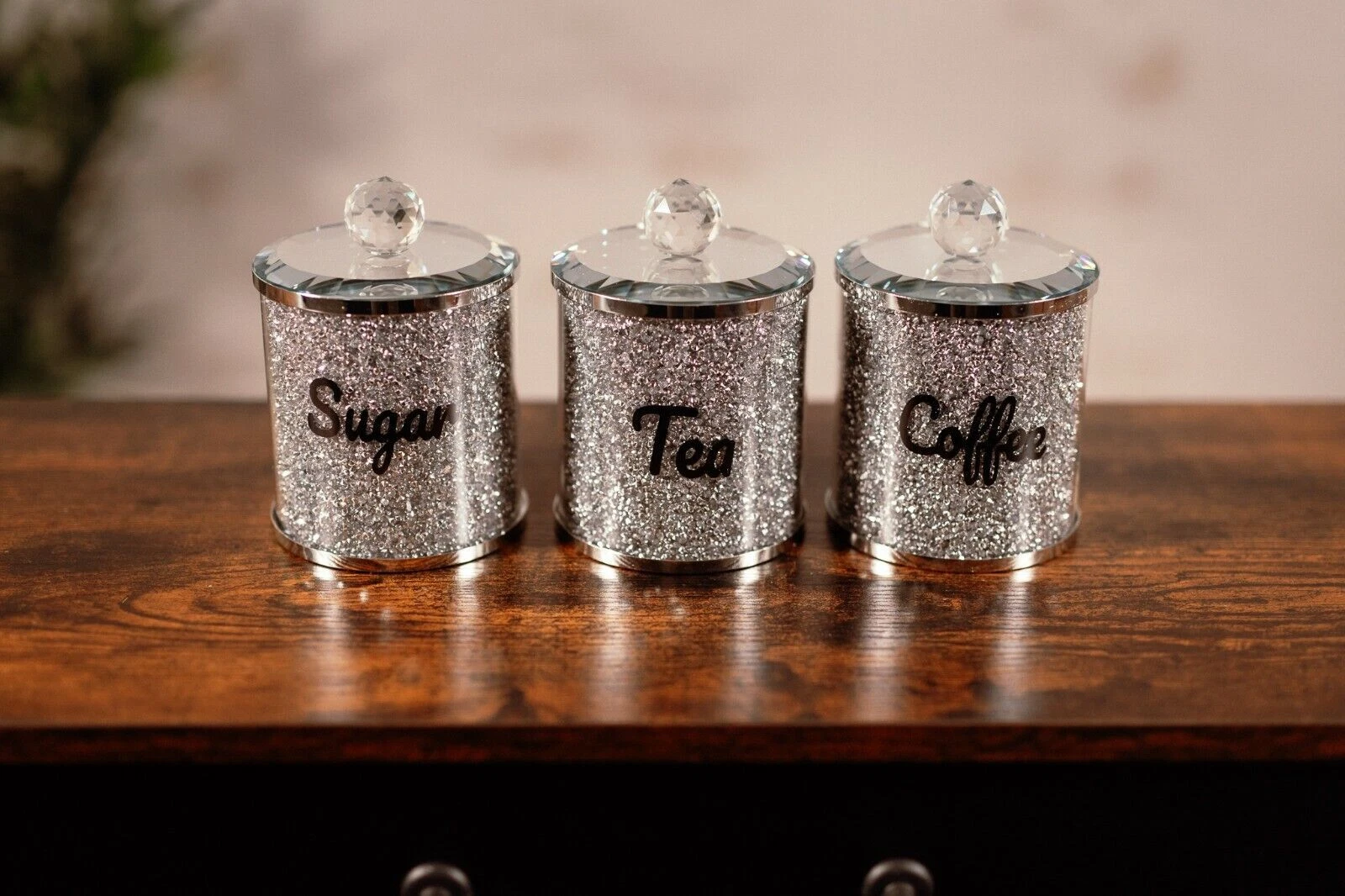 3pc Diamante Tea Coffee Sugar Canisters Set Silver Sparkle Kitchen Storage Jars
Opens in a new windo