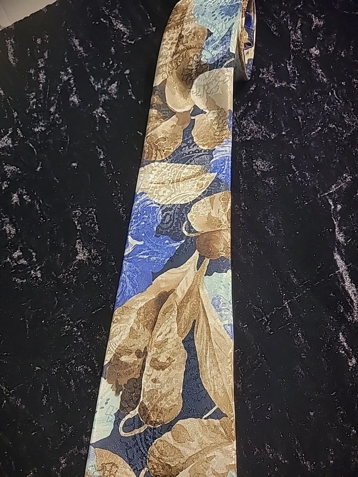 Camisa de Colección Don Loper Eurosilk Para Hombre Corbata Azul Dorado Floral Traje Profesión Foto 3 de 4