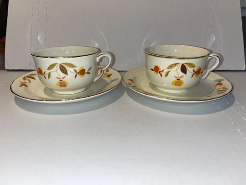Hall Autumn Leaf Jewel Tea Mary Dunbar Ruffled D Flat Cup & Saucer Set of 2