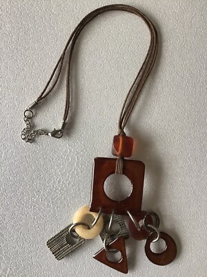 Collier Hippie Rétro Années 70 - Cordon Noir Avec Pendentif En Résine Multicolore, Parfait état