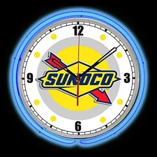 15" SUNOCO Gasoline Sign Blue Double Neon Clock Gas Station Oil Man Cave Garage