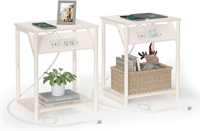 End Table with Charging Station, Set of 2, Small Side Tables for Living Room, Be