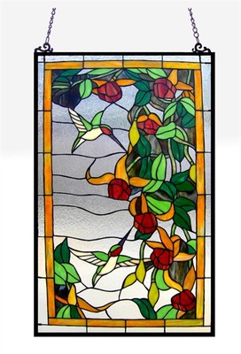 Stained Glass Window Panel Hummingbirds 32 T x 20 W Tiffany Style Handcrafted