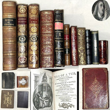 1756 ANTIQUE MINI LEATHER BOOK LOT 11 BKS BIBLE SWIFT KISSES TASSO MOLIERE DICTI