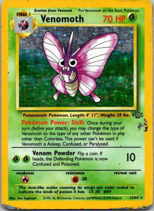 VENOMOTH 13/64 RARE JUNGLE POKEMON UNLIMITED HOLO MODERATELY PLAYED