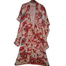 Vintage Handmade Silk Kimono Robe Cream Red Floral Traditional Ethnic READ
