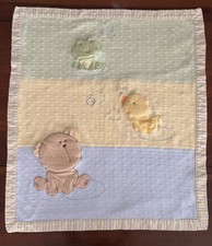 Vintage CARTER'S Bear Duck Frog Bubbles Reversible Baby Blanket Approx 30"x 25"