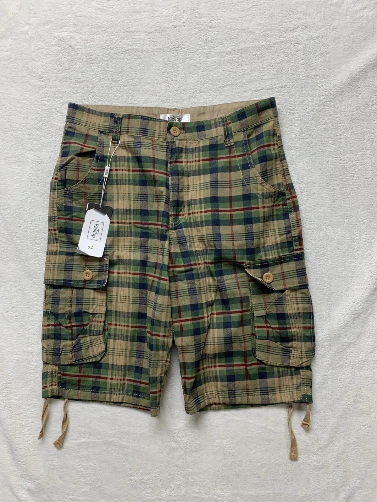 ELETOP Mens 32x11 Cargo Shorts Tie Leg Fishing Camping Hiking Green Plaid New