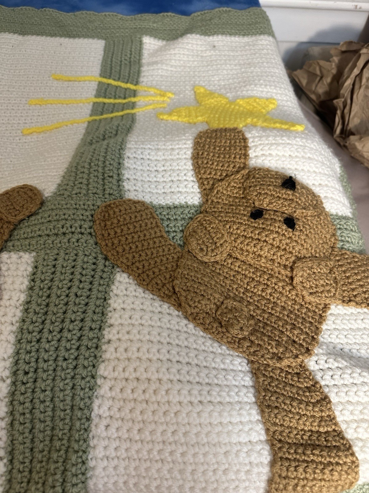 Handmade Crochet Baby Blanket Afghan Bear Approximately 5 Feet By 43 Inches