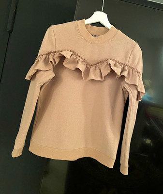Review Damen Pullover Beige Gr. M mit Rüschen Feinstrick Rundhals Langarm