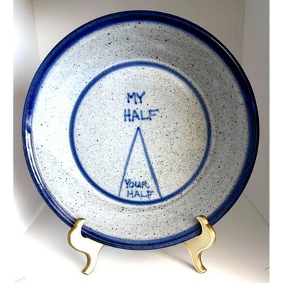 Stoneware, studio, pie baking dish, ''My half'', signed, 9.5''