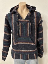 Vintage Baja Surfer Hoodie Pullover Adult L - M Woven Striped Mexican Poncho