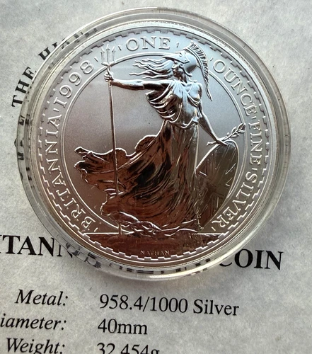 1998  .999 Fine Silver 1oz Britannia £2 Two Pound Coin Bullion Crown  + COA