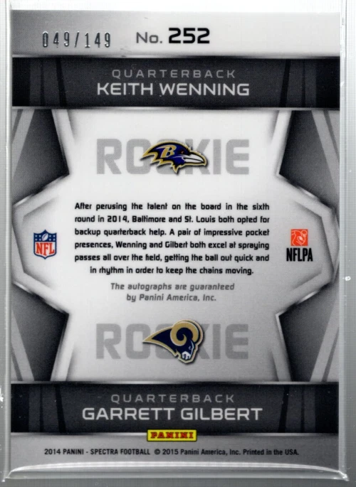 B4256- 2014 Panini Spectra #252 Keith Wenning RC Garrett Gilbert AU RC Auto /149 - Image 2 of 2