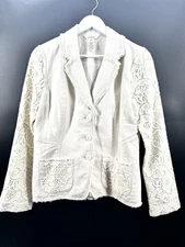 Sundance Jacket Linen Blend Lace Sleeve Beige Boho Career Work Size 8 M/L EE06