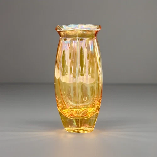 Vintage Marigold Luster Murano Glass Bud Vase Iridescent 4 Petal Or Bubble Sides