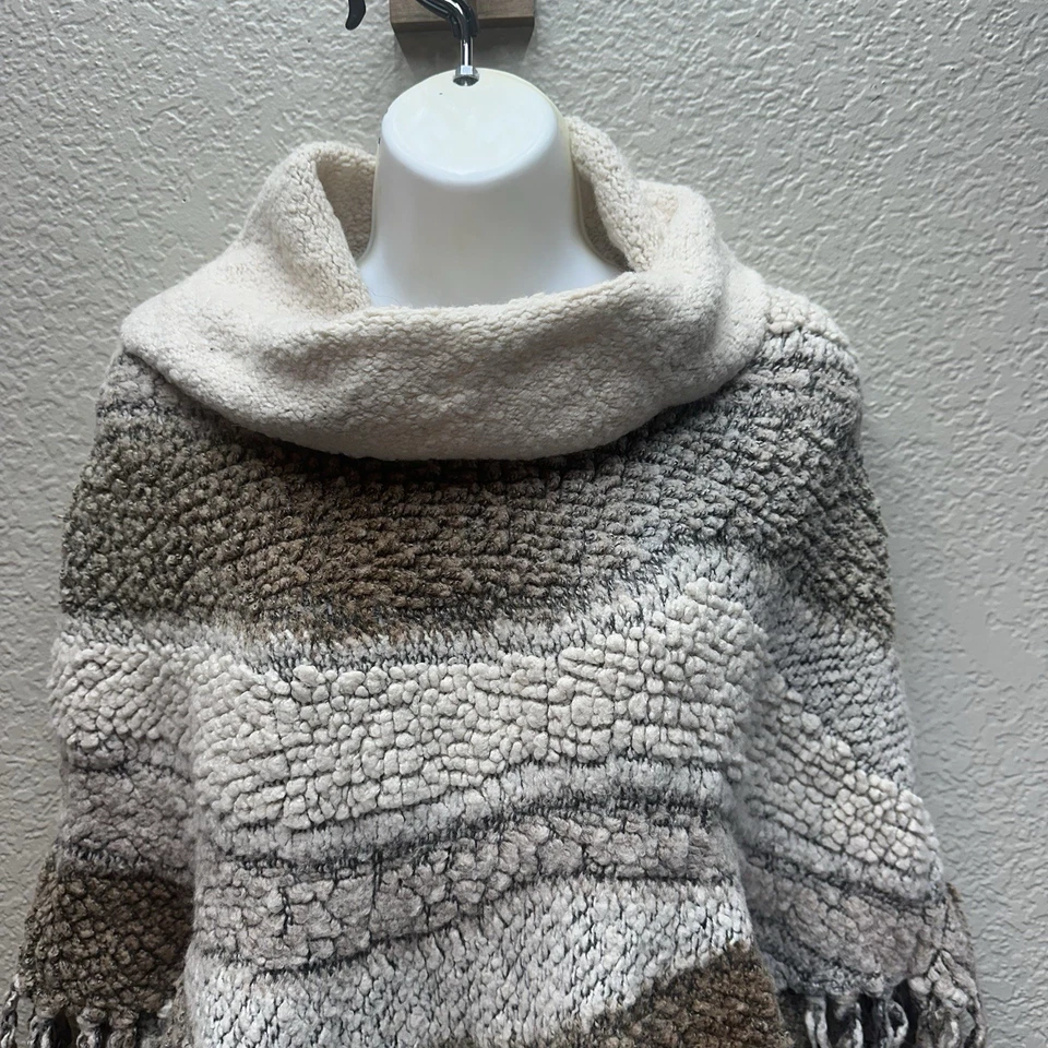INC Mujer Suéter Poncho Capucha Cuello Flecos Mezcla Lana Rayas Talla S/M Foto 2 de 4