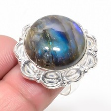 Natural Fire Labradorite Gemstone 925 Sterling Silver Jewelry Ring Sz 7.5 USA