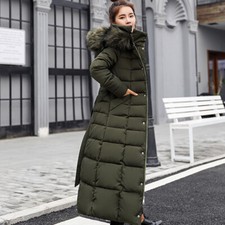 Winter Warm Women Faux Fur Long Quilted Parka Ladies Girls Coat Hooded Jacket