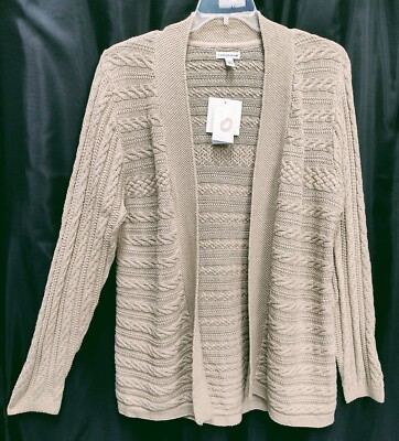 1X CROFT & BARROW COTTON BLEND KHAKI OPEN FRONT KNIT CROCHET CARDIGAN SWEATER