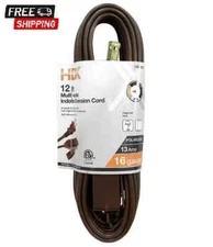 12 ft. 16/2 Light Duty Indoor Extension Cord, Indoor Use, Brown, 3-outlet NEW