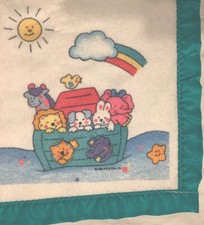 Vintage 1994 Riegel White Baby Blanket Animals Noah  s Ark Turquoise Nylon Trim