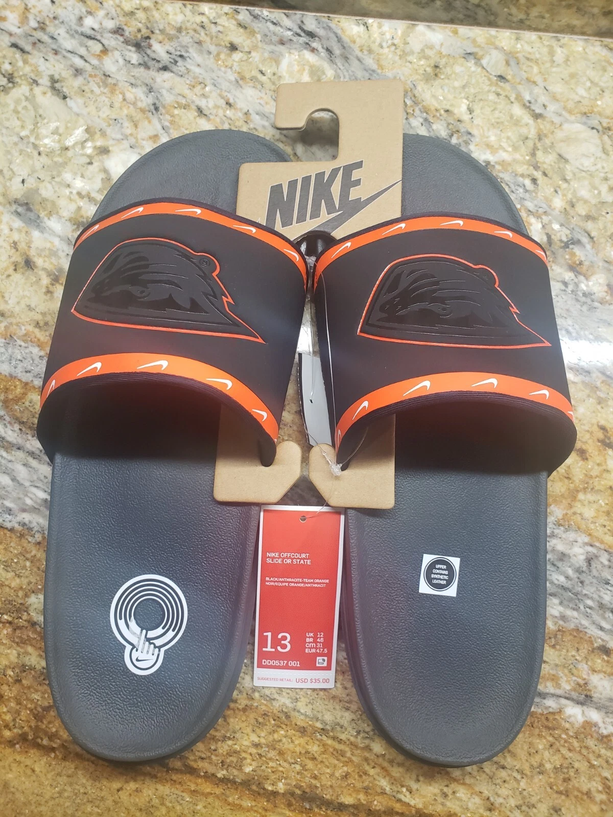 Scarpe sandali Nike taglia 13 Off Court uomo Oregon State Slides nere arancioni nuove con etichette