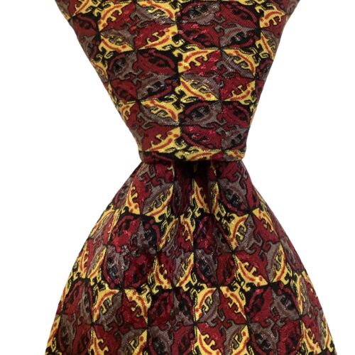 BRIONI Men's 100% Silk Necktie ITALY Luxury Designer Geometric Red/Yellow EUC - Afbeelding 1 van 3