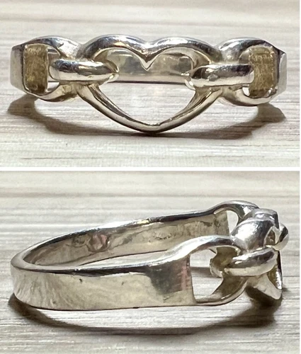 Vintage Designer Signed Sterling Silver Chain Linked Heart Ring, Size 7,  3.4g