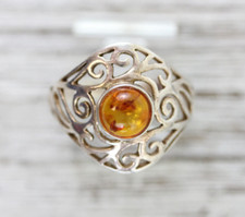 VINTAGE BALTIC AMBER FILIGREE STERLING SILVER 925 RING SZ 10.25 PRETTY DESIGN