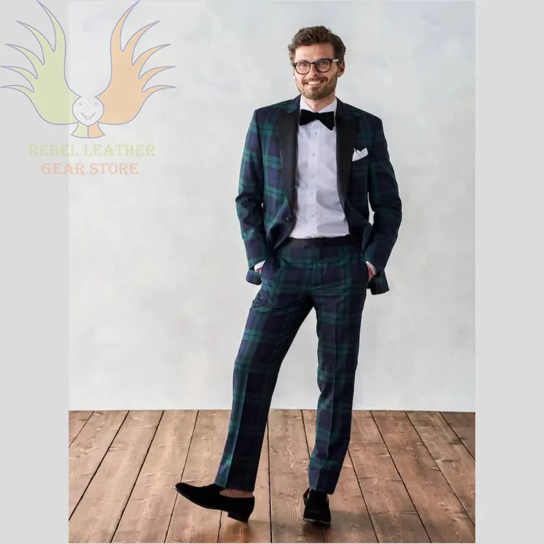 Reloj Negro Personalizado Tartán 3 Piezas Escocés Esmoquin Traje para Hombres Boda Personalizar Foto 4 de 4