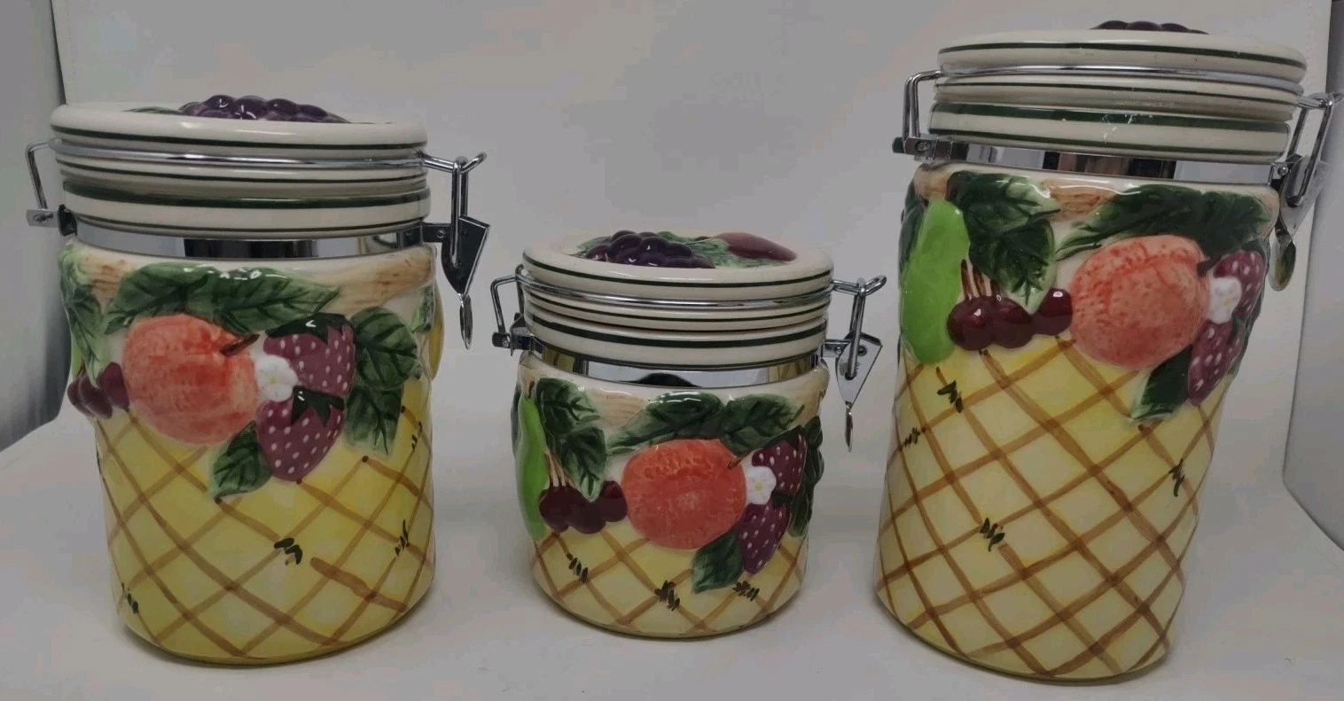 Ceramic Gourmet Home Accent Pineapple Sculptured 3 Canisters Hinged. Mint. #182G