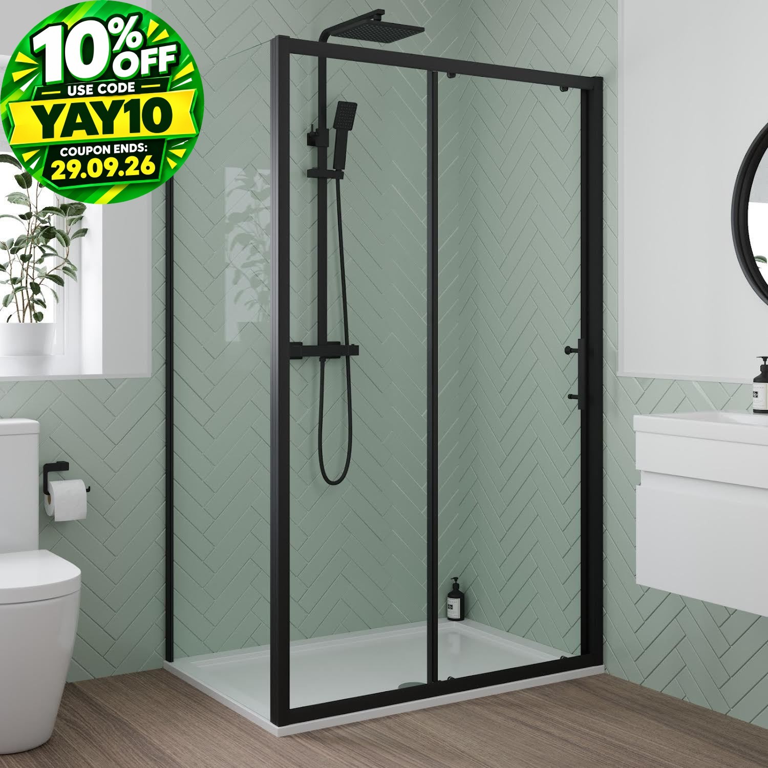 1400 x 900mm Sliding Shower Door Side Panel Enclosure 6mm Glass Black Framed