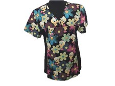 Looney Tunes Tweety Bird Womens Scrub Top Size S Black with Flowers Pockets Y2K
