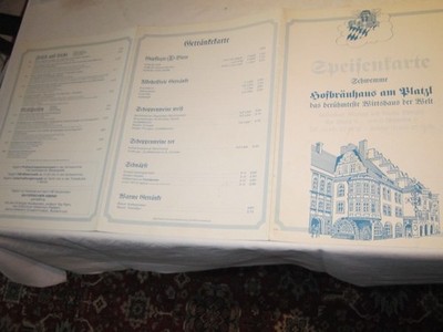 Speisen-und Tageskarte Hofbräuhaus München, berühmteste Wirtshaus der Welt 1990
