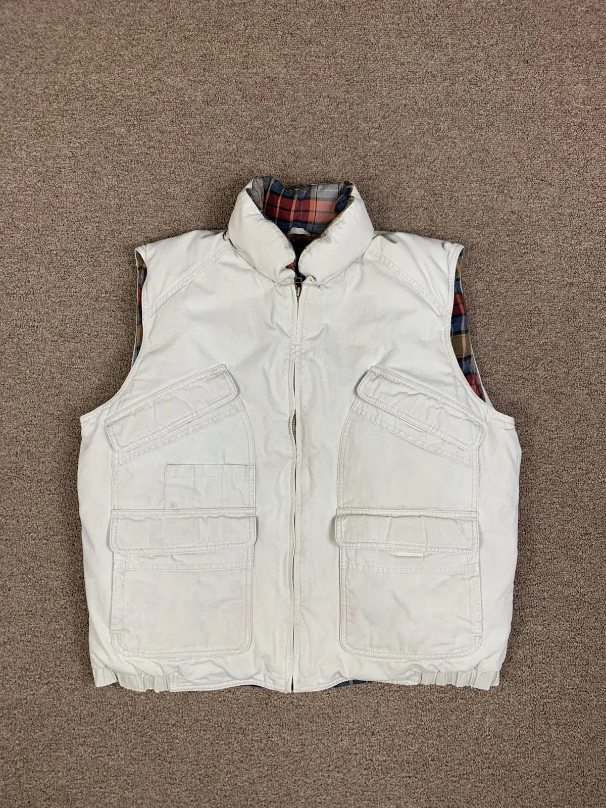 Vintage Eddie Bauer Goose Down Utility Vest Mens XL Plaid Lined Hunting 90s