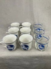 Lot Of 6 1980s Tienshan Stoneware Unicorn coffee mugs & 3 Glasses