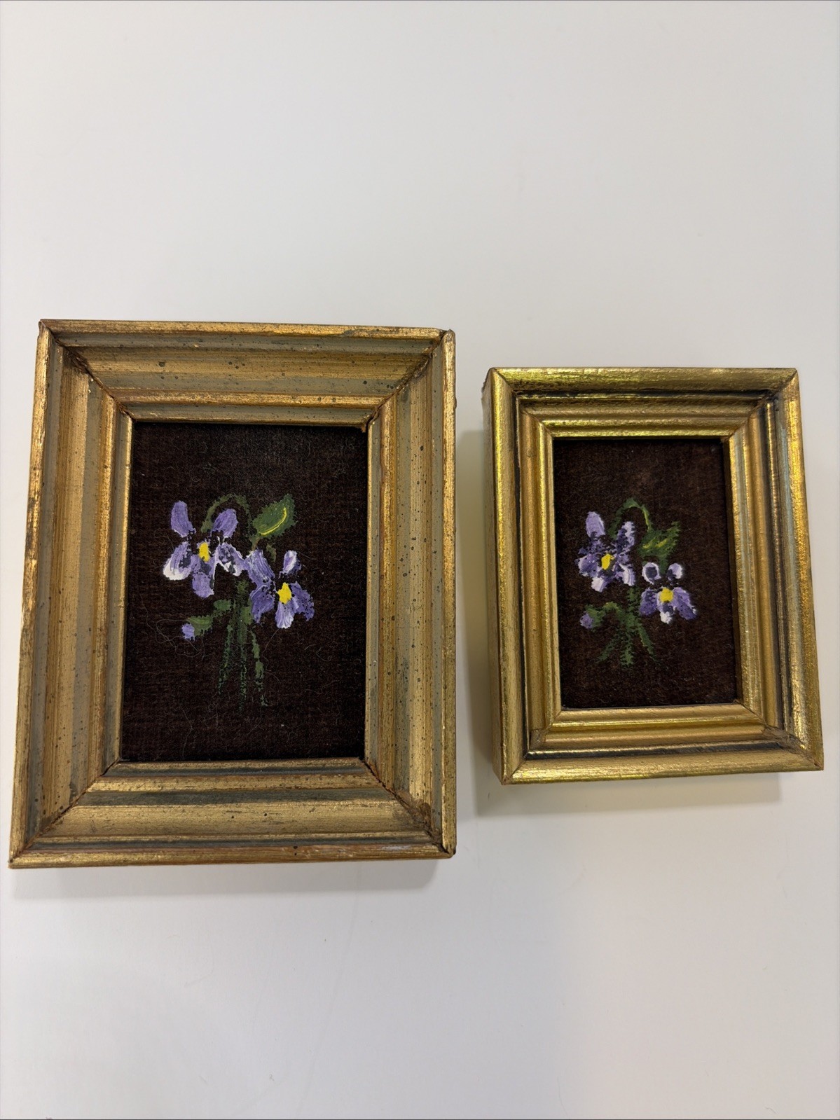 VTG Pair Mini Paintings Floral Hand Painted On Velvet  Cottage Decor 3” & 2.5”
