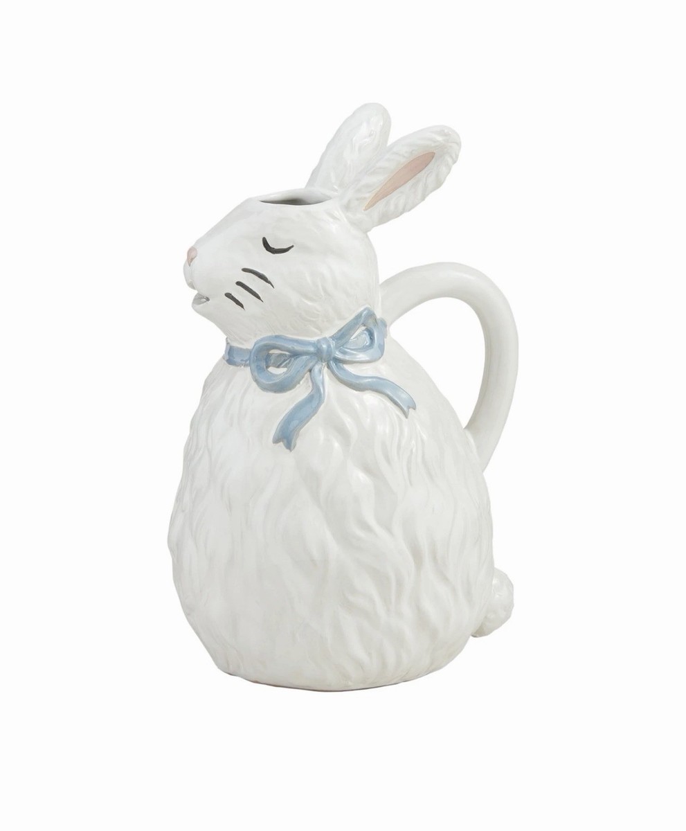 45 Oz White & Blue Bow Ceramic Bunny Pitcher Mud Pie 10” NWT