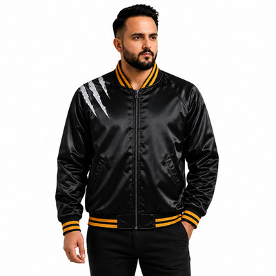 Custom Satin Bomber Jacket Black Gold Embroidered Graphic Unisex Zip Up Varsity
