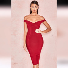 House Of CB Josephina Off Shoulder Bandage Dress Claret Bardot Size M