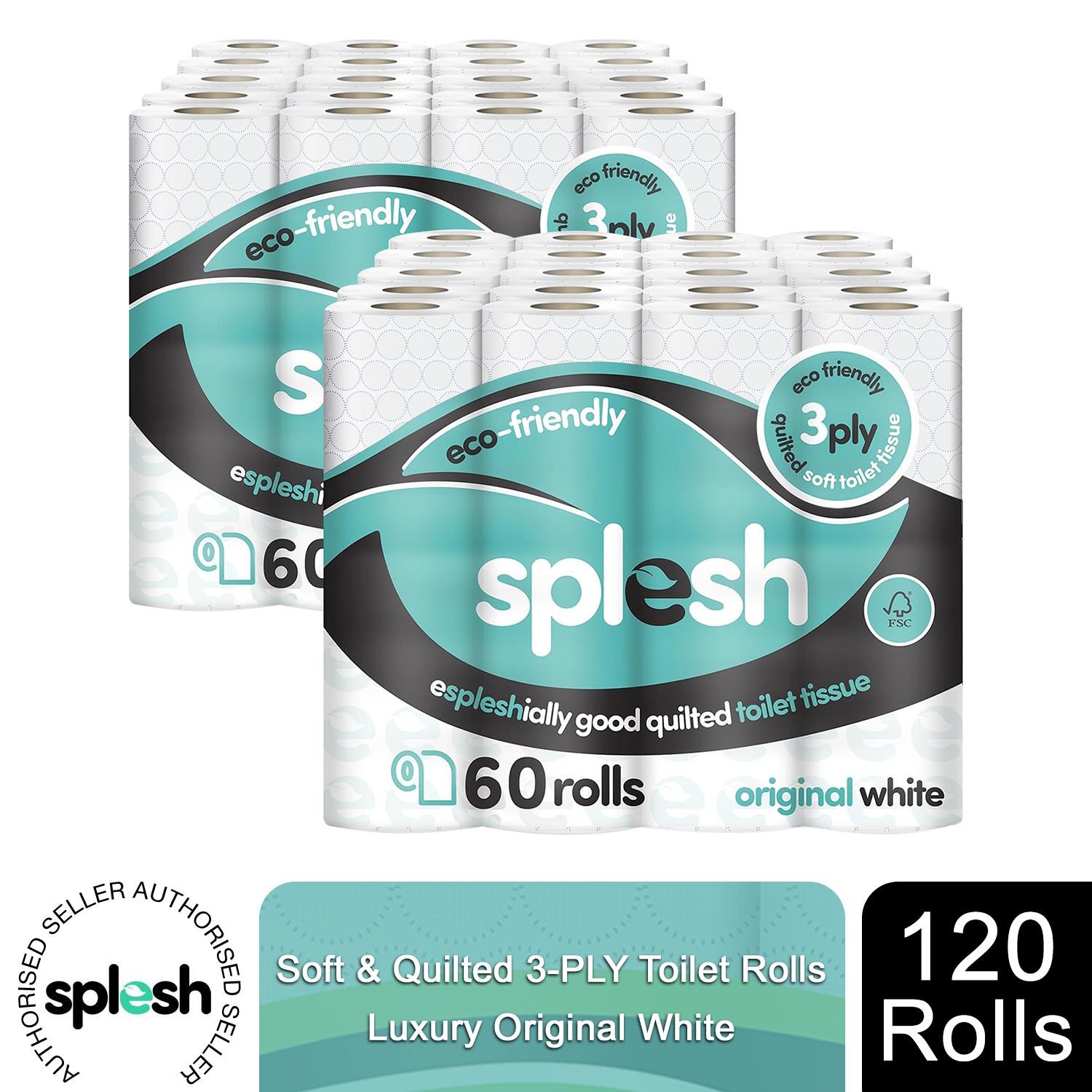 Splesh Toilet Roll Original White 120 Rolls | Quilted 3-Ply Soft Toilet Paper